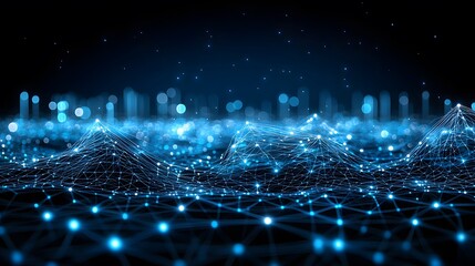 Fototapete - Abstract Digital Landscape, Futuristic Network Connection, Glowing Blue Nodes and Lines
