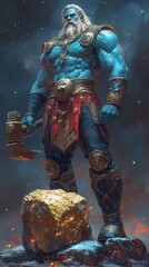 Poster - Stunning blue and red icy monument with a welldefined muscular upper body of a man wielding a hammer Below a rough golden stone contrasts dramatically in low light against a dark backdrop