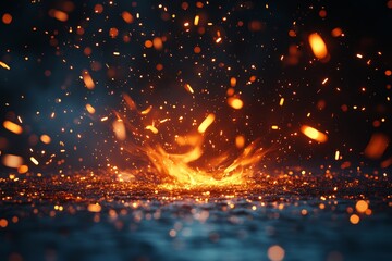 Poster - Fiery explosion with bright sparks and glowing embers against a dark backdrop during nighttime