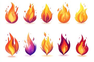 Aufkleber - Varieties of fire illustrations showcasing different shapes and colors for design and art projects