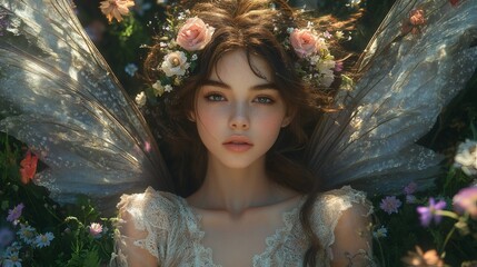 Poster - Stunning brownhaired fairy in an intricate lace dress nestled in a glade bursting with flowers framed by enchanting dark trees creating a hyperrealistic and magical atmosphere