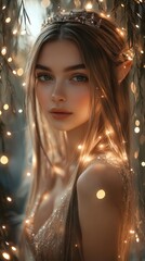 Poster - Stunning closeup of an elf with long straight hair in a flowing dress a crown perched on her head framed by a magnificent willow tree with fireflies fluttering in a dark magical night aura