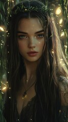 Poster - Stunning closeup of an elf with long straight hair in a flowing dress a crown perched on her head framed by a magnificent willow tree with fireflies fluttering in a dark magical night aura