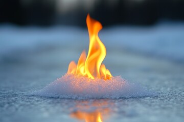 Poster - Fire burns brightly on ice, creating a striking contrast of elements in a winter landscape