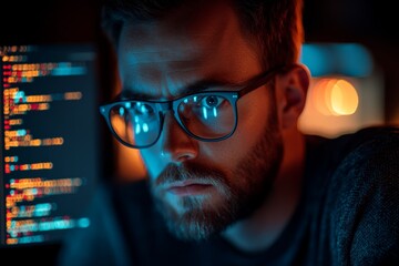 Fototapete - Focused individual working intently on computer programming at night in a dimly lit environment