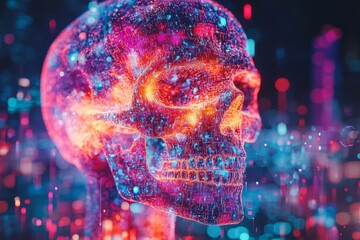 Aufkleber - Colorful digital skull illuminated by vibrant particles in a futuristic setting at night