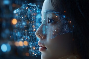 Poster - Futuristic woman with digital interface and data visualization in urban setting at night