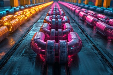 Fototapete - Colorful industrial chains illuminated in a modern manufacturing facility during nighttime