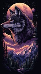 Poster - stunning sketch of a wolf's face in profile detailed and expressive surrounded by a beautiful landsc