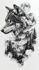 Poster - Stunning sketch of a wolf's face in profile detailed and expressive surrounded by a beautiful landscape of majestic mountains tall pine trees and a cloudfilled night sky with a full moon
