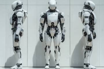 Aufkleber - High-tech robotic suit displayed from three angles in a futuristic urban setting during daylight hours
