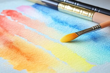 Poster - Vibrant watercolor painting tools and strokes captured in a creative workspace setting during daylight