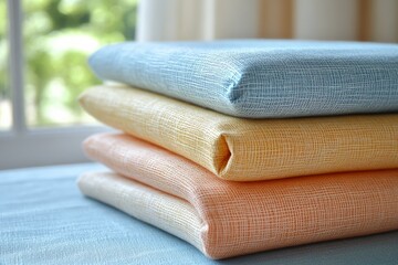 Poster - Soft pastel linens stacked neatly on a table near a sunny window creating a cozy atmosphere