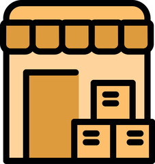 Poster - Warehouse storing goods, featuring a striped awning and boxes ready for delivery, symbolizing efficient logistics and storage solutions