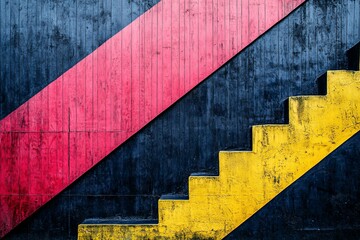 Leinwandbilder - Vibrant abstract mural with red and yellow diagonal patterns and textured stairs against a dark backdrop