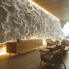 Poster - A modern interior featuring a unique textured wall, ambient lighting, and stylish furniture, creating a serene and inviting atmosphere. Copy space for text