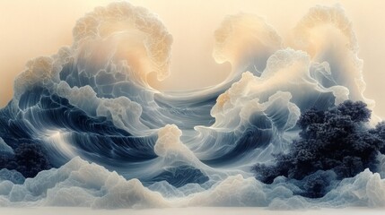 Poster - Surreal monochromatic ink illustration highlighting wavy central form and crystalline geometric shapes infused with luminous binary trails in a dreamscape of soft pastel hues and hyperrealistic detail