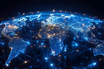 Aufkleber - Global interconnectedness represented through a digital network of lights over a map of the world at night