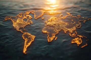 Poster - Detailed world map illuminated by warm sunlight reflected on water surface at dawn showcasing global features