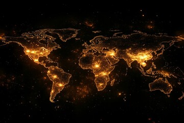 Poster - Bright urban areas illuminated at night across a detailed global map showcasing cities and continents