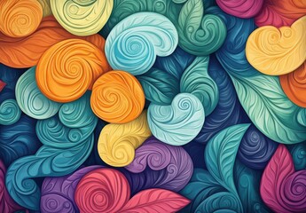 Poster - A vibrant and colorful abstract design featuring swirls and leaves in shades of blue, green, orange, and purple, evoking a sense of harmony and nature. Copy space for text