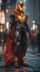 Poster - Surrealistic character in shiny chrome armor with a golden mist aura red robes and black neon flames on boots standing boldly on cracked black asphalt in a burning futuristic city