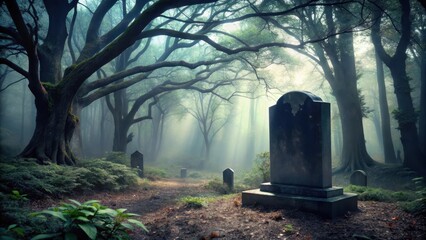 Wall Mural - A solitary black gravestone in a dense forest with twisted tree branches and misty atmosphere , overcast sky