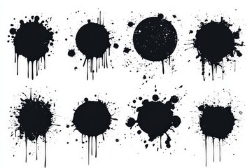 Poster - Black paint splatters and circles create abstract designs on white background