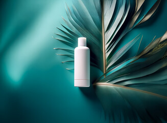 Poster - A white, unlabeled bottle rests on a teal background, adorned with lush green palm fronds.  The scene evokes a feeling of tropical serenity and natural beauty.