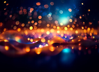 Poster - Abstract image of glowing, colorful particles forming undulating, luminous waves against a dark background.  The vibrant lights create a sense of depth and movement.