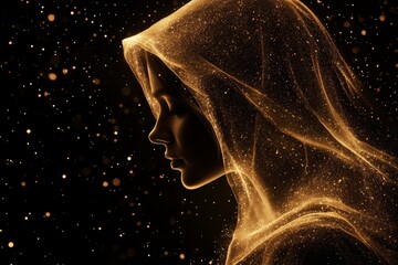 Aufkleber - Elegant figure draped in shimmering gold fabric surrounded by glowing particles in a dark setting