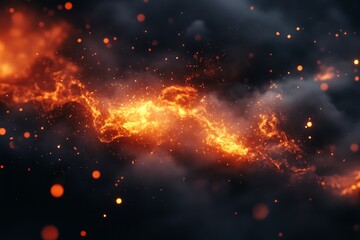 Poster - Fiery lava flow illuminates dark volcanic landscape with glowing embers and smoke at twilight