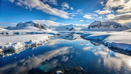 Wall Mural - Serene glacial landscape reflecting a vibrant sky, showcasing pristine snow-covered mountains and tranquil icy waters.