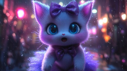 Fototapete - Vibrant 3D illustration of Jigglypuff on stage wearing a purple tutu and bow Her big blue eyes light up as she dances and sings into a mic surrounded by colorful lights and cheers