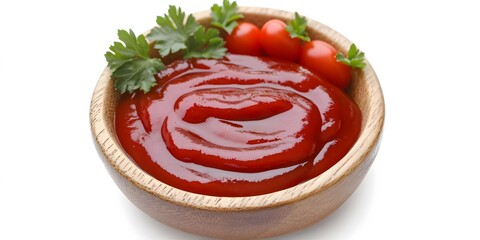 Canvas Print - Delicious Homemade Tomato Ketchup in Wooden Bowl with Cherry Tomatoes and Parsley