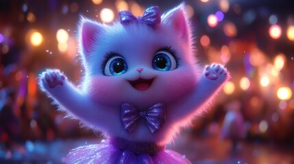 Fototapete - Vibrant 3D illustration of Jigglypuff on stage wearing a purple tutu and bow Her big blue eyes light up as she dances and sings into a mic surrounded by colorful lights and cheers
