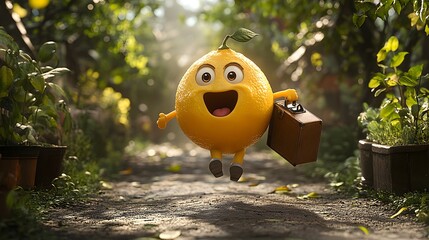 Poster - Vibrant 3D scene featuring an anthropomorphic lemon character with wide eyes and an open mouth sprinting down a dirt path in a forest briefcase in hand surrounded by motionblurred greenery