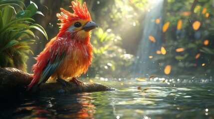 Poster - Vibrant and surreal 3D depiction of a rare bird in a whimsical forest The bird's exaggerated features and smooth feather textures create a magical atmosphere splashed with bold colors
