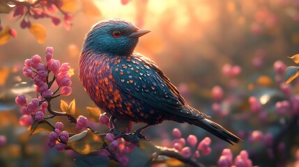 Poster - Vibrant and surreal 3D depiction of a rare bird in a whimsical forest The bird's exaggerated features and smooth feather textures create a magical atmosphere splashed with bold colors