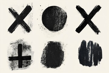 Poster - Abstract shapes and marks created with black brush strokes on a light background showcasing simple geometric forms