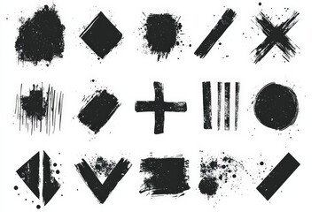 Aufkleber - Various black ink splashes and shapes arranged artistically on a white background in a creative composition