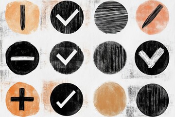 Aufkleber - Colorful abstract graphic featuring various symbols and shapes in a grid layout with contrasting tones and textures