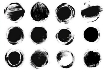 Poster - Various circular brushstroke designs in black and white on a clean background for artistic projects and designs
