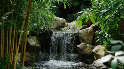 Wall Mural - Tranquil garden waterfall, lush greenery, serene background, nature escape