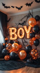Poster - Vibrant Halloween party room featuring oversized glowing 'BOO' letters on the wall adorned with bats cobwebs and black and orange balloons illuminated softly for a festive atmosphere