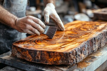 Poster - Skilled artisan applies varnish to a beautifully grained wood slab in a workshop