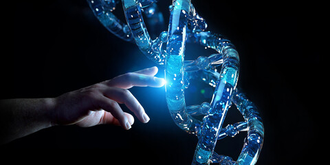 Aufkleber - Man hand touching DNA digital hologram on dark blue background. Generative ai DNA