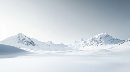 Poster - Expansive snow covered landscape with mountains in the distance under a clear sky at dawn. Generative AI