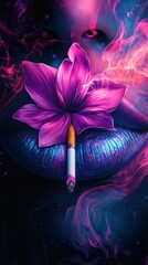 Poster - Vibrant illustration of pink and blue lips cigarette in between with a smoking pink flower Pink and purple smokelike effect swirls around on a black background creating a bold eyecatching contrast