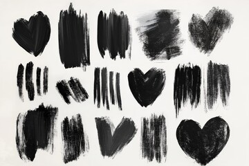 Leinwandbilder - Black heart shapes and brush strokes arranged artistically on a light background showcasing creative expression